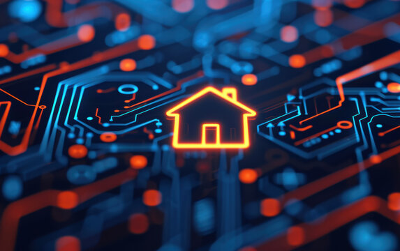 A glowing house icon set on a futuristic circuit board background, representing smart home technology and advanced digital connectivity.