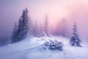 Fototapeta premium A snow-covered landscape with pine trees, a foggy and misty atmosphere, a gradient sky from pink to purple, a small hill in the center of the frame, soft lighting, with a wide-angle lens, capturing th