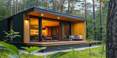 Modern eco-lodge surrounded by lush forest offering a serene retreat modern eco-lodge concept