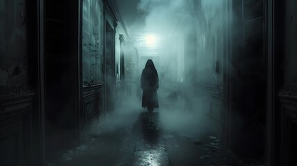 A ghostly figure standing at the end of a dark hallway with flickering lights