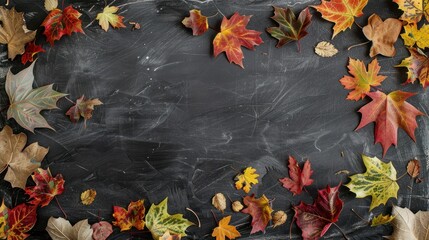 Autumn colored leaves scattered on a black chalkboard with ample space for adding text or graphics Ideal for flat lay photography or back to school themes