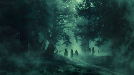 A dark and foggy forest with ghostly figures lurking among the trees