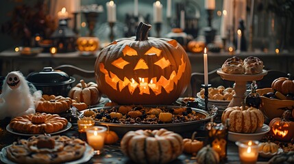A spooky Halloween feast with eerie decorations and ghostly figures