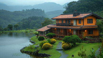 Naklejka premium A picturesque environmentally friendly farm on a hillside. Background Rolling hillside leading to a serene lake, surrounded by lush green trees.