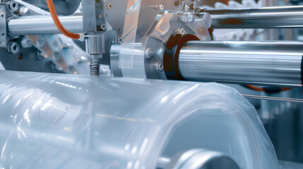 Automatic industrial machine for plastic packaging with light effect of products and food. shaft of an automated packaging line with plastic film in a light blue scene. product packaging concept