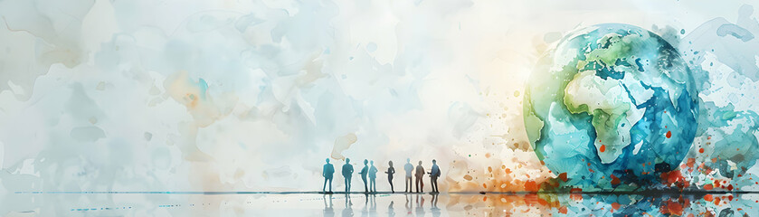 Naklejka premium People Analyzing Watercolor Earth and Climate Change Charts with Whimsical Background Creative and Environmentally Aware Group Scene on Adobe Stock