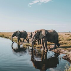 Fototapeta premium African Elephants Drinking Water at a Watering Hole in the Savanna