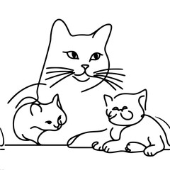 simple outline one-line vector drawing of a sitting cat affectionately hugging her kittens, in a simple and stylized way, drawn with one black line on a white background