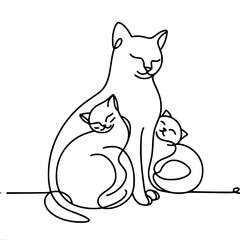 a simple contour one-line vector drawing of a sitting cat and kittens affectionately taking root with her, in a simple and stylized form, drawn with one black line on a white background