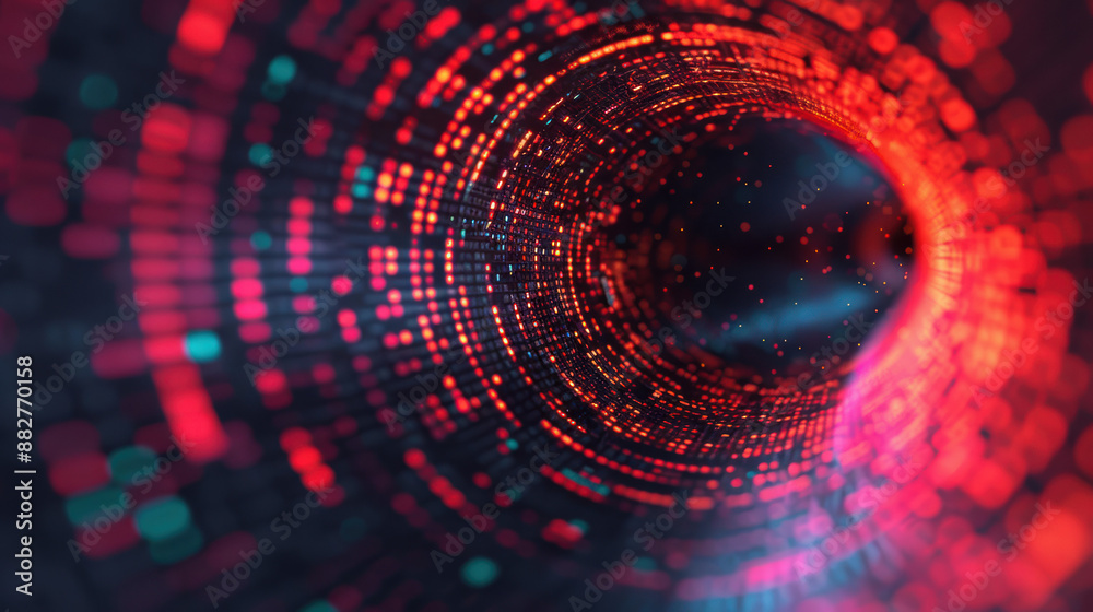Poster abstract digital vortex with glowing red and blue particles, creating a futuristic tunnel effect in 