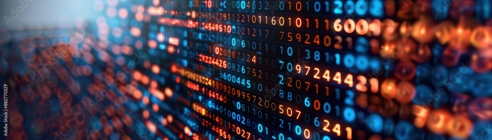 Poster abstract image of glowing financial data and binary codes on a digital screen, representing technolo