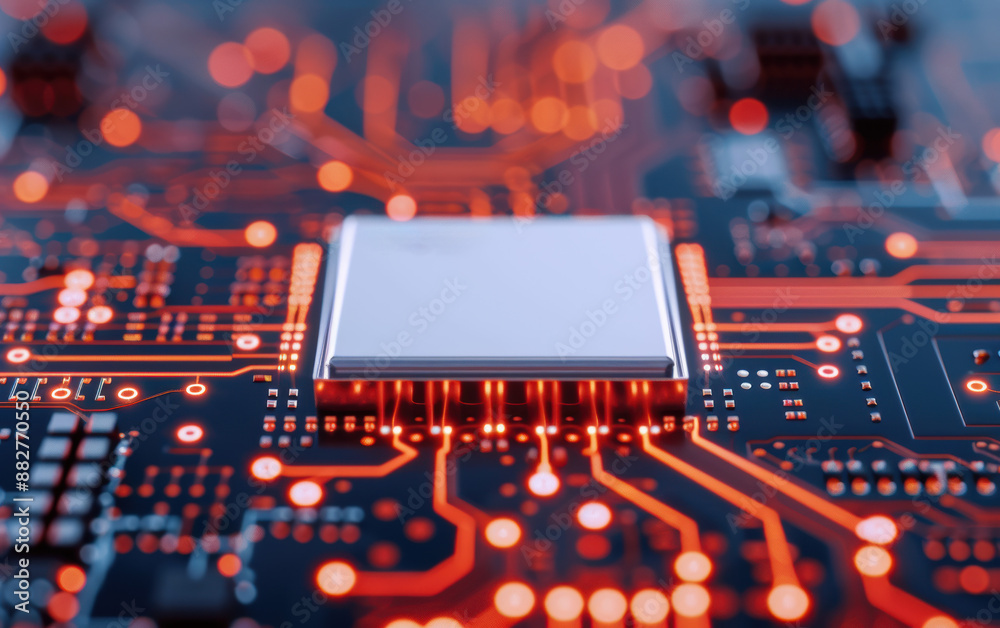 Poster high-tech closeup of a computer microchip on a circuit board, illuminated by glowing red traces, rep