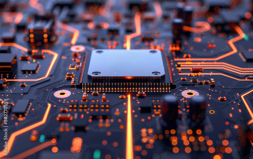 Poster close-up of a computer motherboard with glowing circuits and a central processor unit (cpu). high-te
