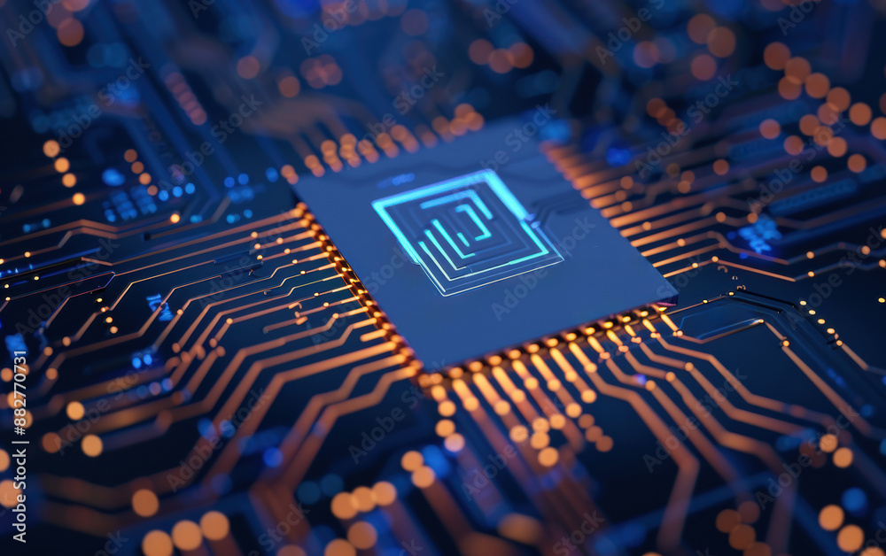 Poster close-up of a futuristic microchip on a complex circuit board, illuminated with glowing lines repres