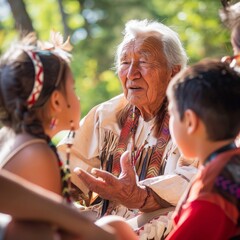 Elderly Indigenous Man Talking to Children Outdoors During the Day