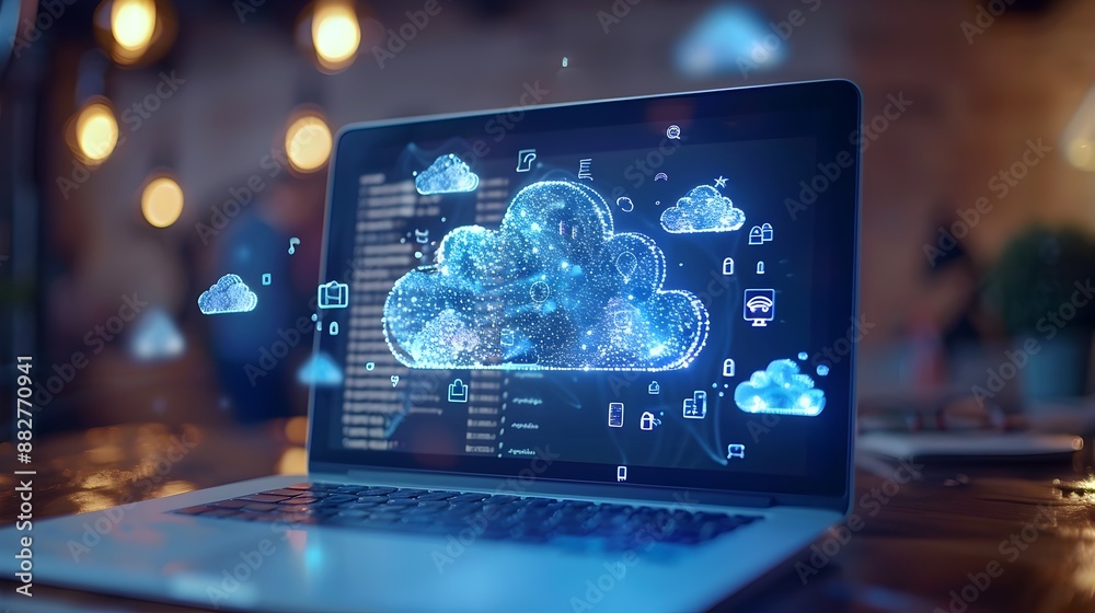 Poster cloud based software icons floating around a laptop screen representing applications and cloud compu