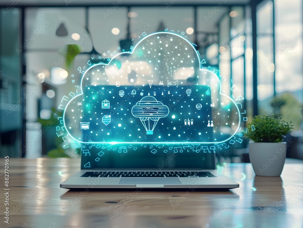 Poster cutting edge digital workspace with virtual cloud based desktop environments for remote work solutio