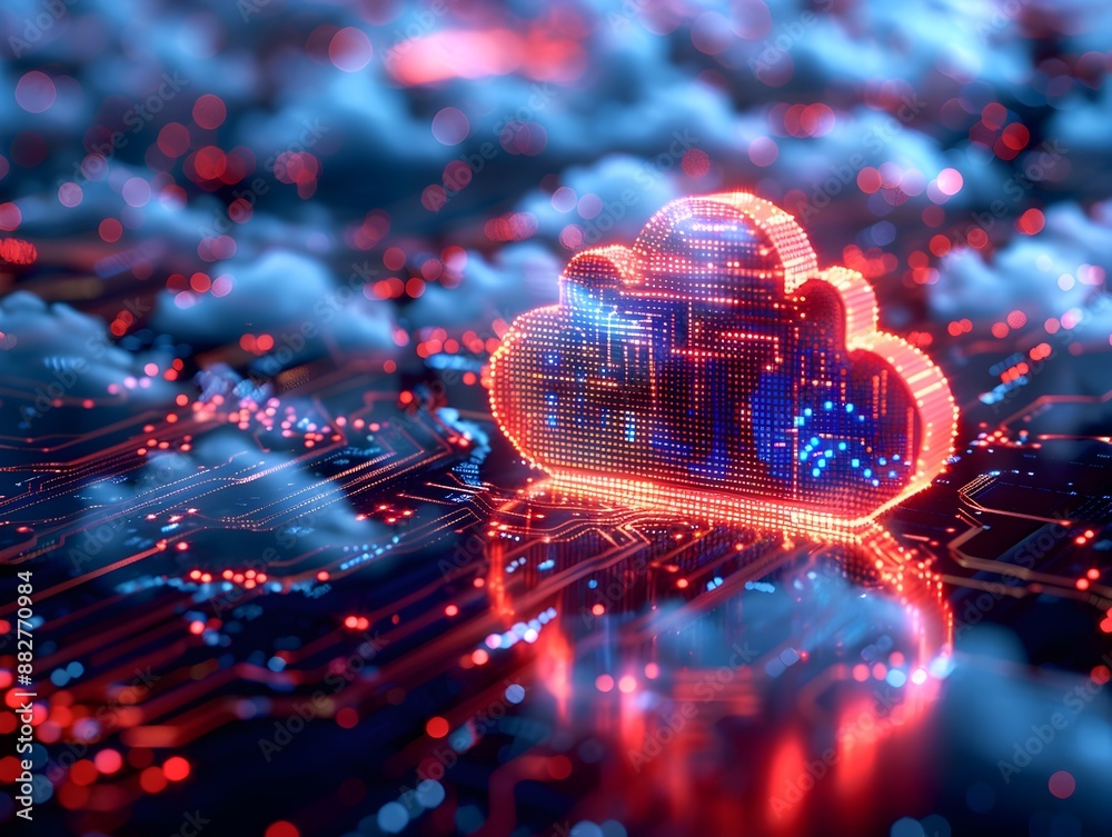 Poster secure cybersecurity shield hovering over digital cloud computing network