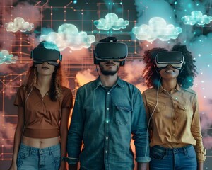 Diverse virtual reality team collaborating in a shared digital cloud workspace for cloud computing concept