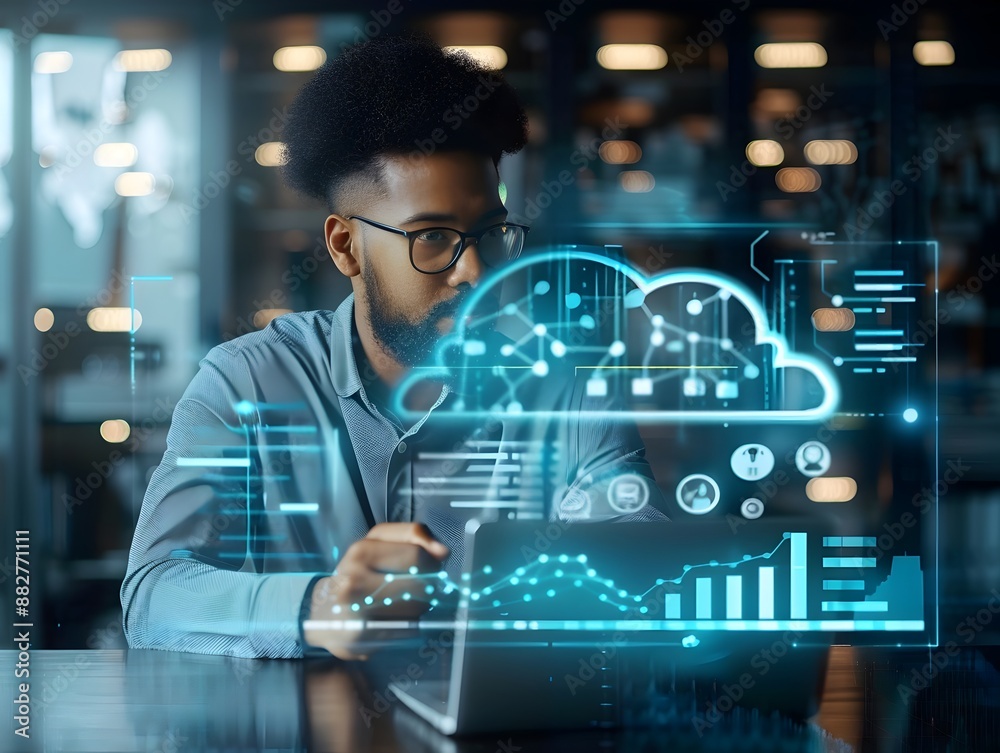 Poster data scientist analyzing cloud based big data visualizations and graphs for business intelligence
