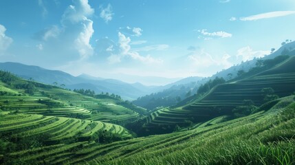 Breathtaking terraced hillside under a clear sky. a serene landscape ideal for travel and nature themes. perfect as a calming background or wall art. AI