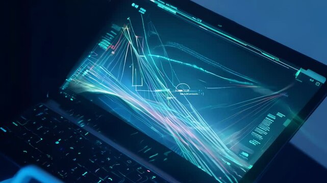 Code snippets materialize around a figure, creating a dynamic digital environment. Laptop screen flickers with rapid keystrokes and swift number counts, conveying intense hacking activity. 