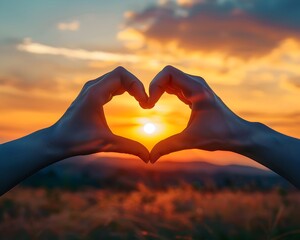 Hands Forming a Heart Shape Against a Stunning Sunrise  Capturing the Start of a New Day Together in a Romantic Love Concept