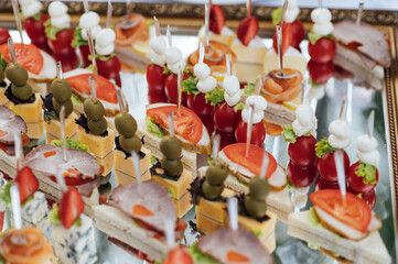 A large selection of various snacks for guests on a mirror surface. Buffet before an important event