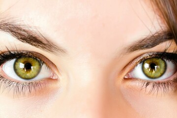 A close-up image of a person's eyes, focusing on their hazel irises, defined eyebrows, and long eyelashes