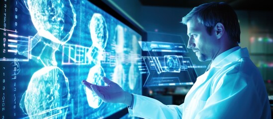 Obraz premium Scientist Examining Holographic Data on a Screen