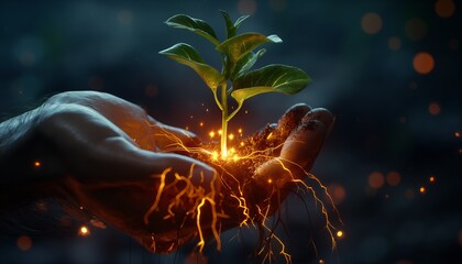Hand holding a seedling with glowing roots, concept of hope