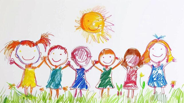 Child's drawing with children holding hands up. Happiness and friendship, childhood concept.