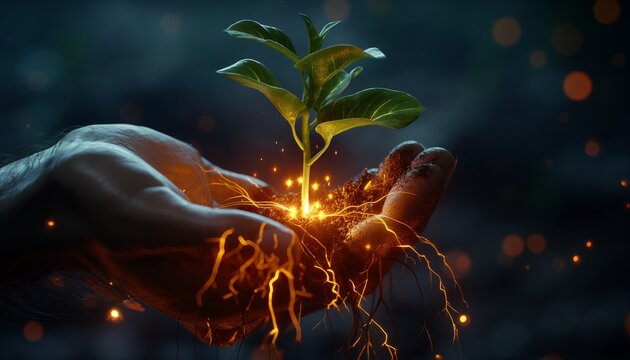 Hand holding a seedling with glowing roots, concept of hope