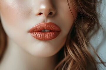 Fototapeta premium Close-Up of Woman's Lips with Bold Red Lipstick and Wavy Hair