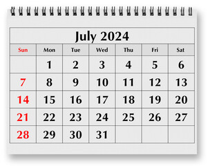 Page of the annual monthly calendar - July 2024