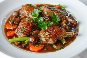 Vibrantly colored duck cacciatore with rustic charm and elegant presentation