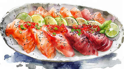 Watercolor art illustration of japanese sashimi