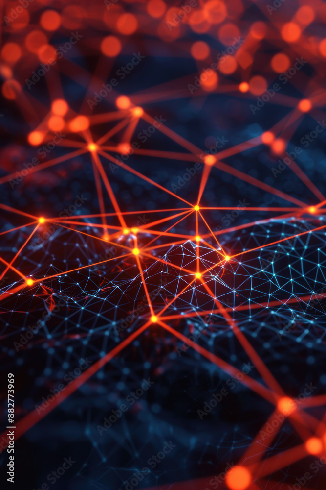 Poster abstract neural network visualization with glowing red and blue lines and nodes, representing digita