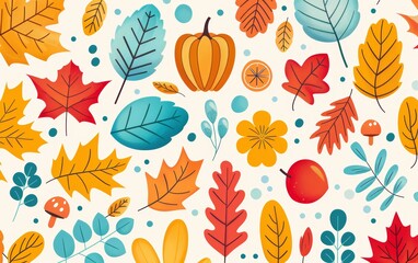 Colorful autumn leaves, pumpkins, and berries on a white background. Perfect for fall themed designs.
