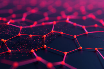 Fototapeta premium Abstract geometric network featuring interconnected red nodes on a dark background, representing digital technology and data connections.