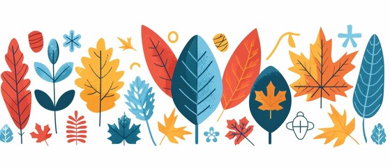 Obraz premium Colorful Autumn leaves and floral elements in a pattern.