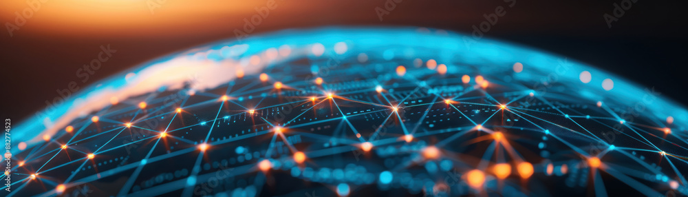Poster a digital depiction of a connected global network illuminated by glowing points, showcasing data flo