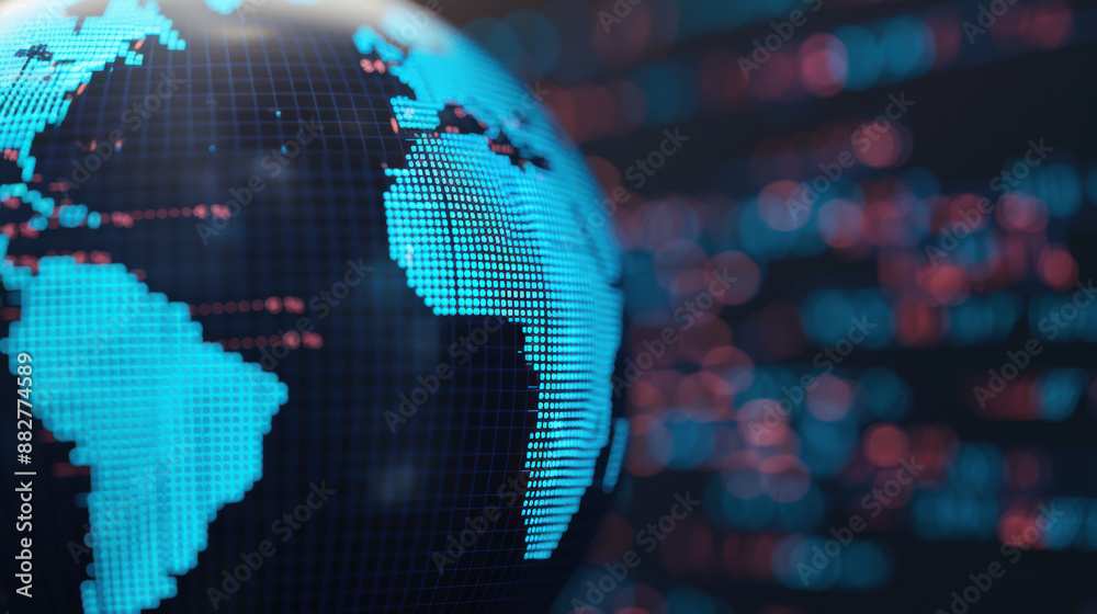 Poster illuminated digital globe with a grid, highlighting continents on a dark background with abstract bi