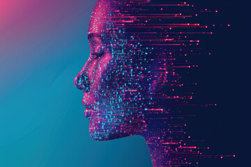 Side profile of a human face in a digital, technologic style with vibrant, colorful streaks representing data, connections, and futuristic elements.