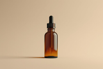 mockup of an elegant amber glass bottle with a black cap and dropper head, placed on a clean surface against a pastel beige background.