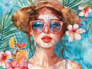 Watercolor Illustration of Woman in Sunglasses with Tropical Background