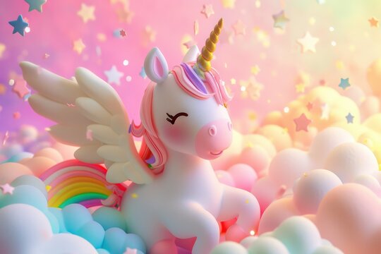 A unicorn with a horn and a white body stands in front of a rainbow