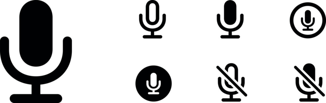 Microphone muted and unmuted icon set. Classic mic shape. Vector design. Mute and unmute audio mic flat vector icons for video apps and websites UI. Siri, Alexa voice assistant