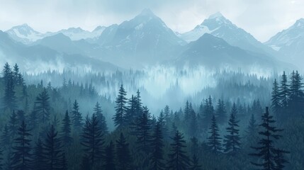 Obraz premium Evening dense foggy forest with high mountains in distance. Mysterious and atmospheric forest landscape. Generative AI