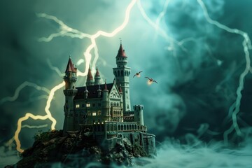 Fototapeta premium A castle is shown in a stormy sky with lightning bolts striking it